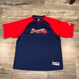Atlanta Braves Majestic Mens L Navy Red MLB Baseball V Neck Jersey Shirt